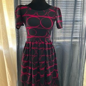 LuLaRoe Black and Pink Puff Sleeve Fit and Flare Dress